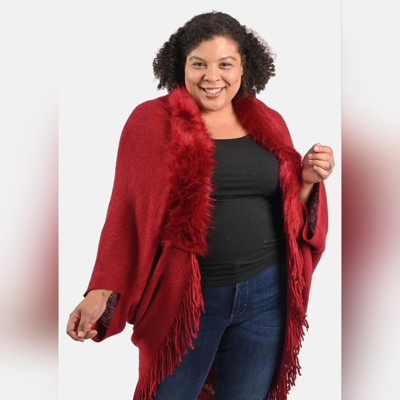 NEW NWT Tamsy Color Trendy Rust/Burgundy Luxe Faux Fur Trimmed Kimono One Size - Picture 5 of 8
